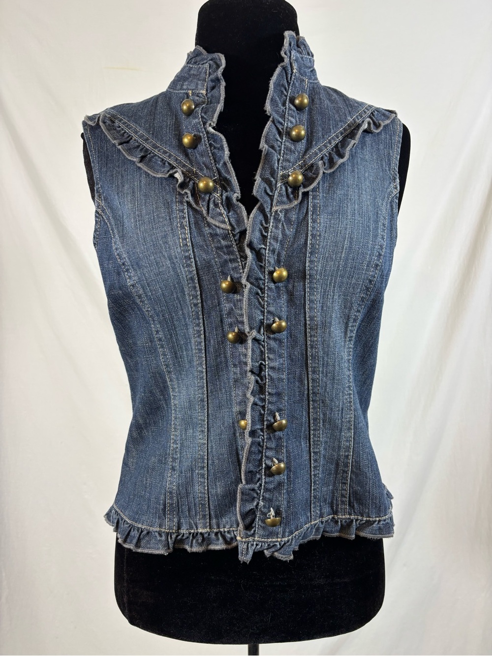 Tribal Denim Size 8 Ruffle Military Hook Eye Vest Y2K Steampunk Victorian